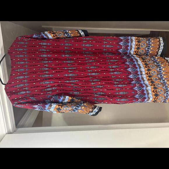 Halife Boho Chic Tunic Dress - Vibrant Red & Colorful Print - Picture 3 of 3